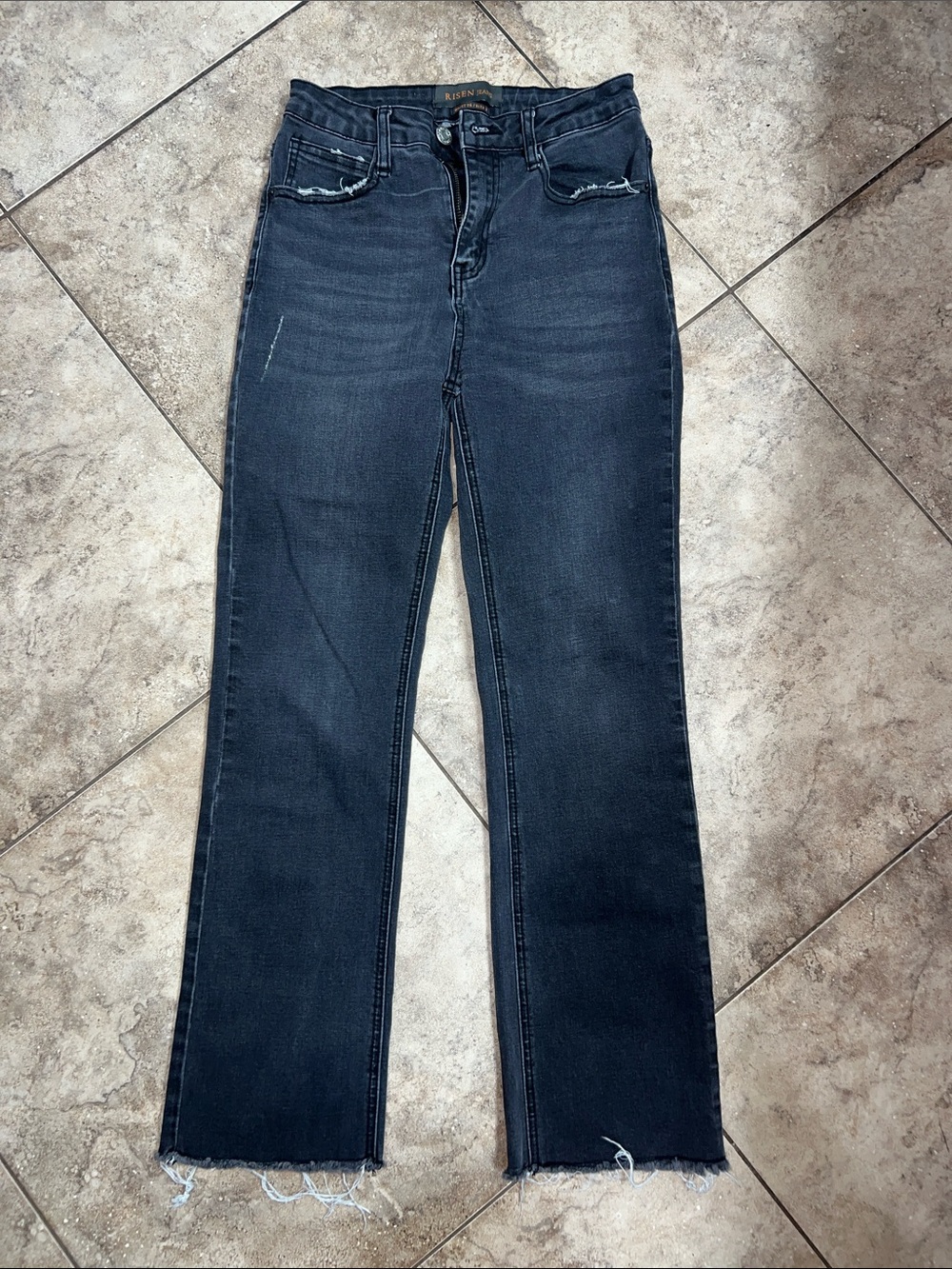 High-Rise Faded black Straight Leg Jeans with Raw Hem size 3/26